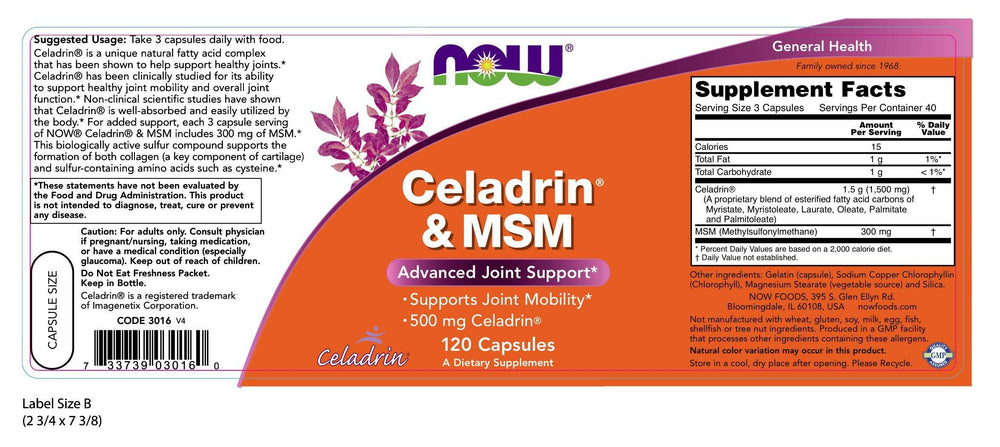 NOW Foods Celadrin® & MSM 500mg bottle back with label details for gluten-free joint support
