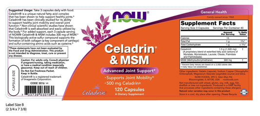 NOW Foods Celadrin® & MSM 500mg bottle back with label details for gluten-free joint support