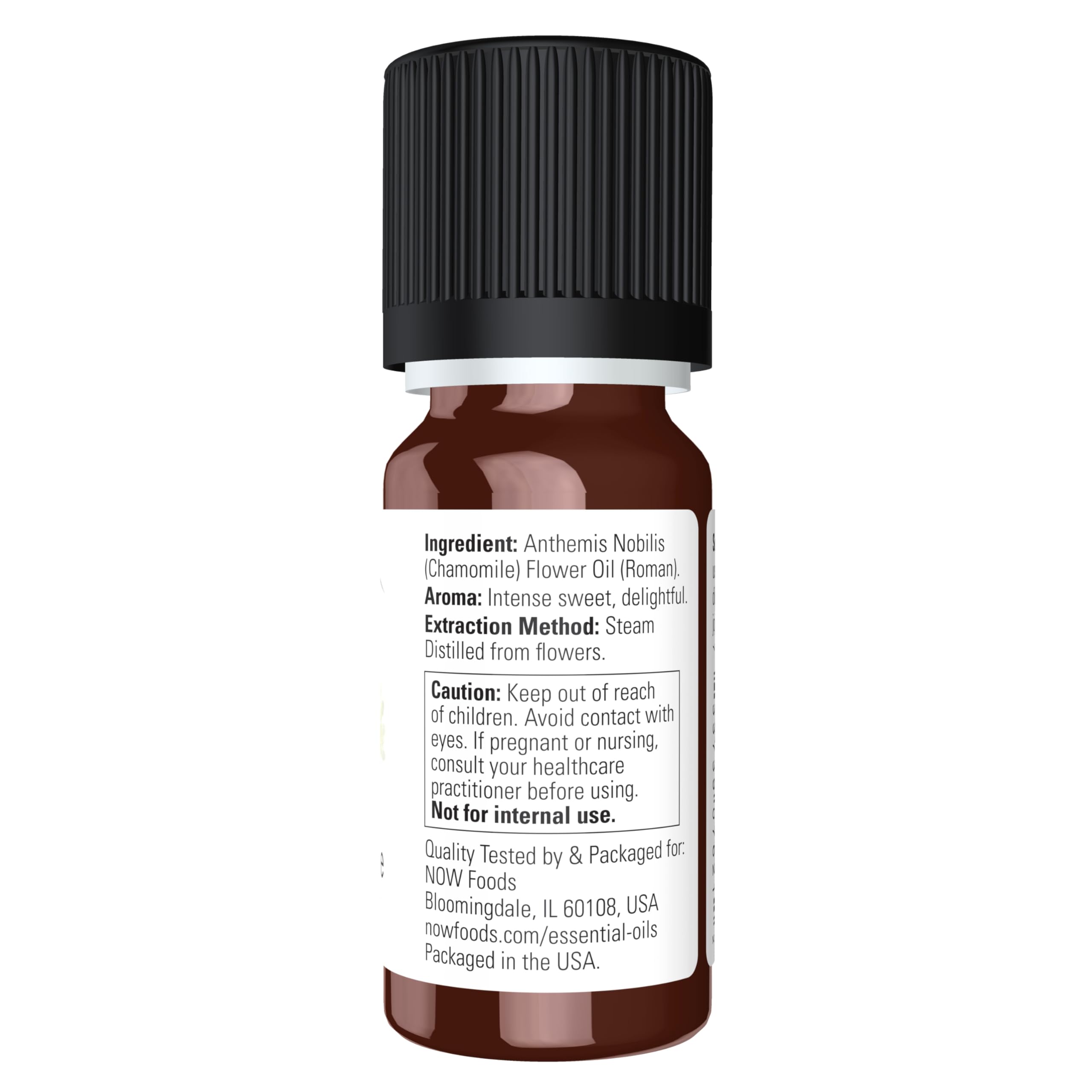 NOW Foods Chamomile Oil bottle beside diffuser, promoting relaxing evenings.