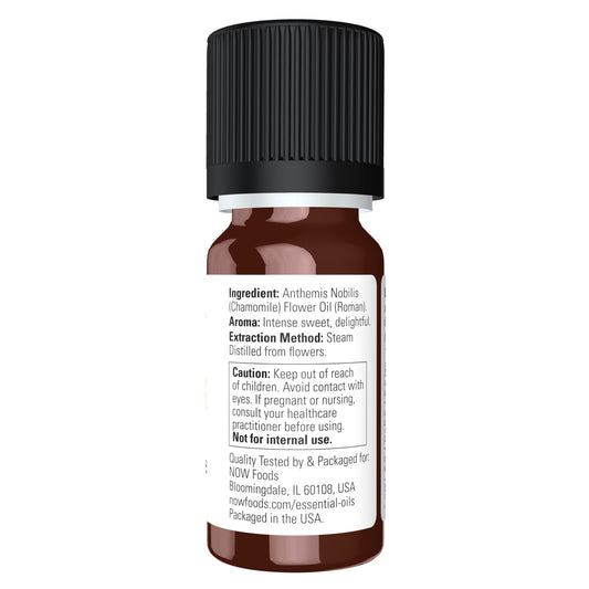 NOW Foods Chamomile Oil bottle beside diffuser, promoting relaxing evenings.