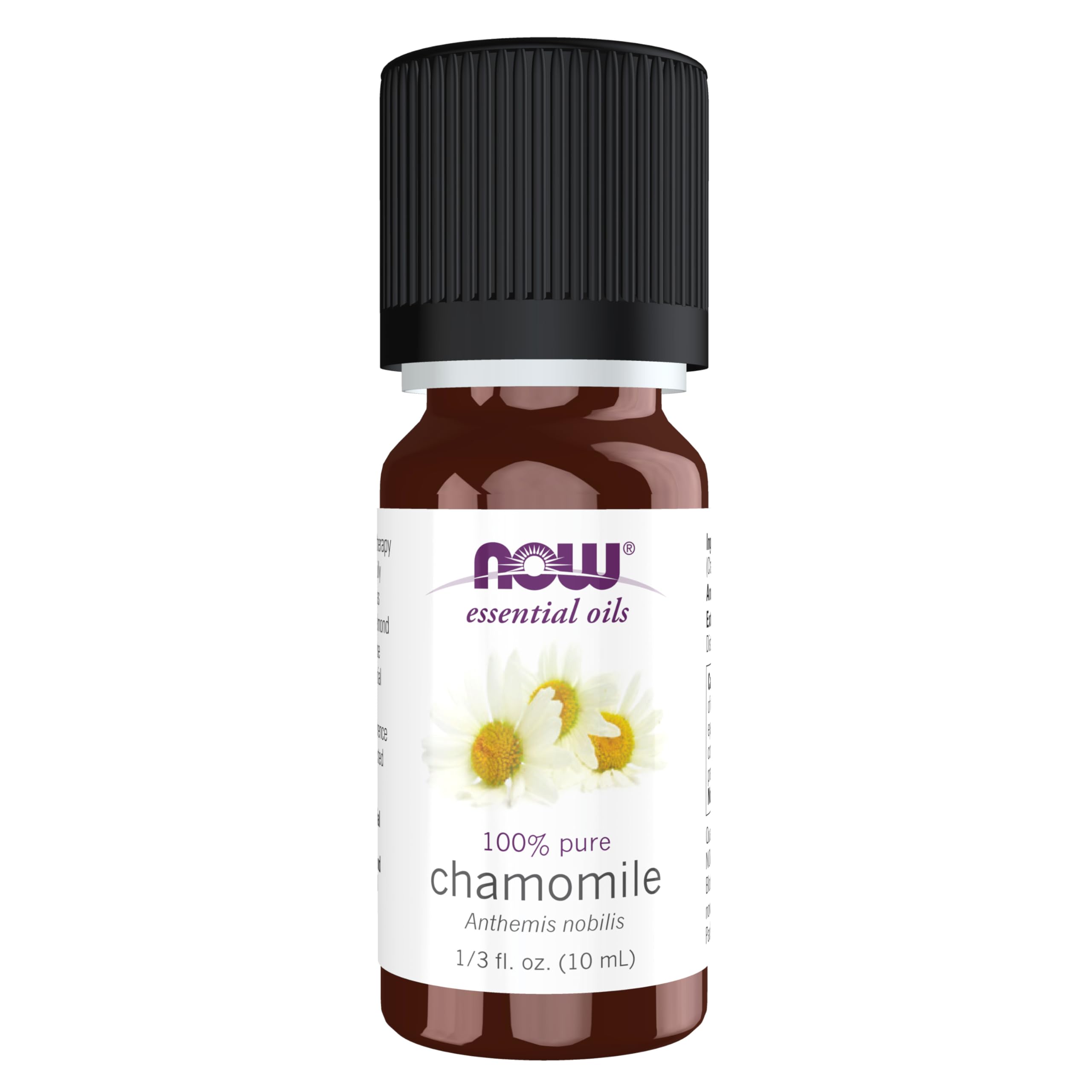 NOW Foods Chamomile Oil flowers close-up highlighting calming aroma for diffuse use.