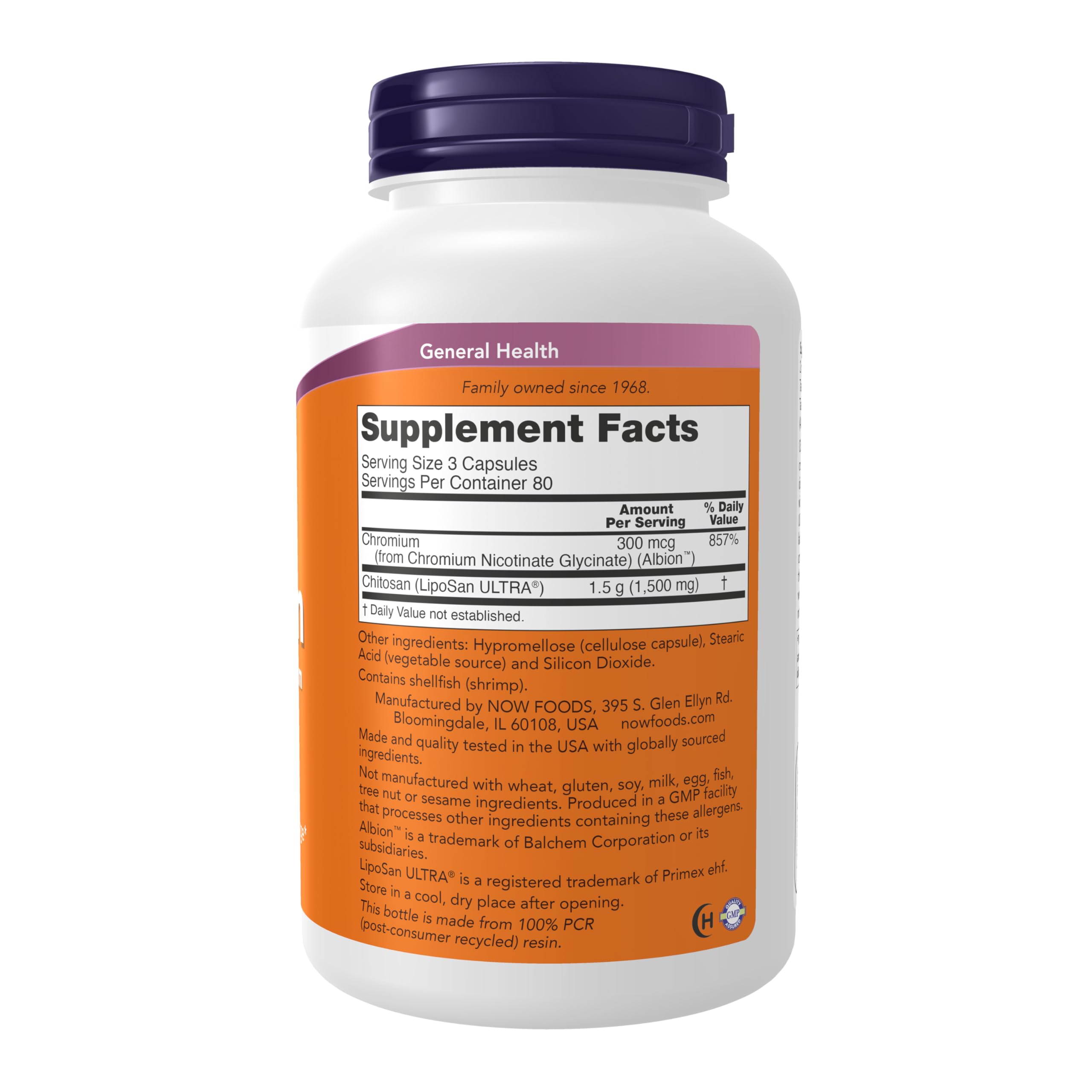 NOW Foods Chitosan 500 mg Chromium capsules closeup suggesting fat binding action