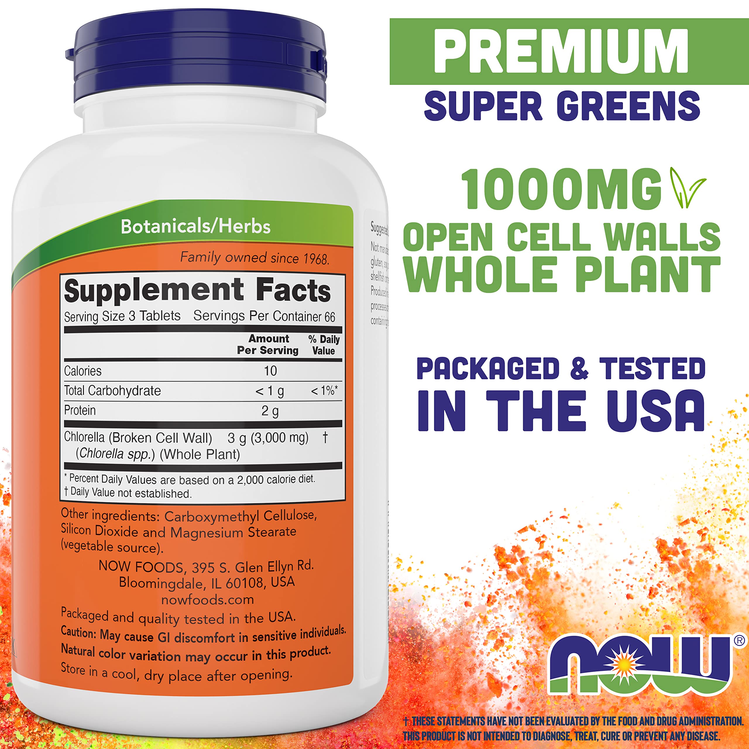 NOW Foods Chlorella 1000 mg tablets bottle side view shows vegan, non-GMO label