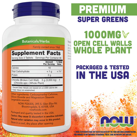 NOW Foods Chlorella 1000 mg tablets bottle side view shows vegan, non-GMO label