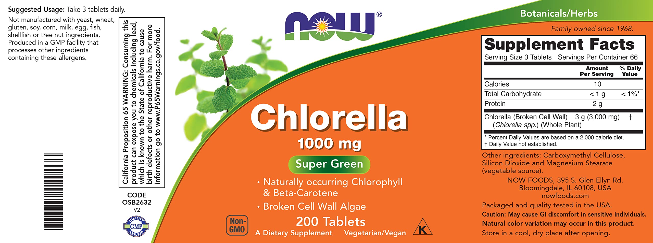 NOW Foods Chlorella 1000 mg tablets label closeup highlights cracked cell technology