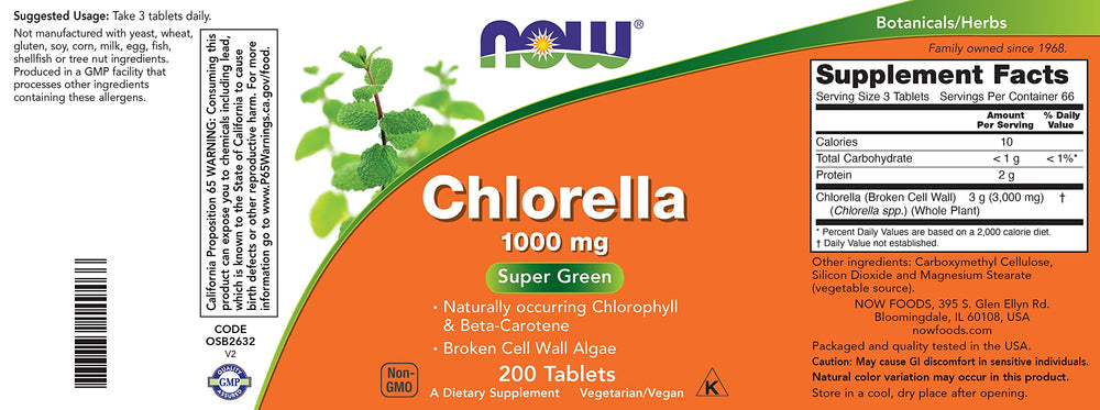 NOW Foods Chlorella 1000 mg tablets label closeup highlights cracked cell technology