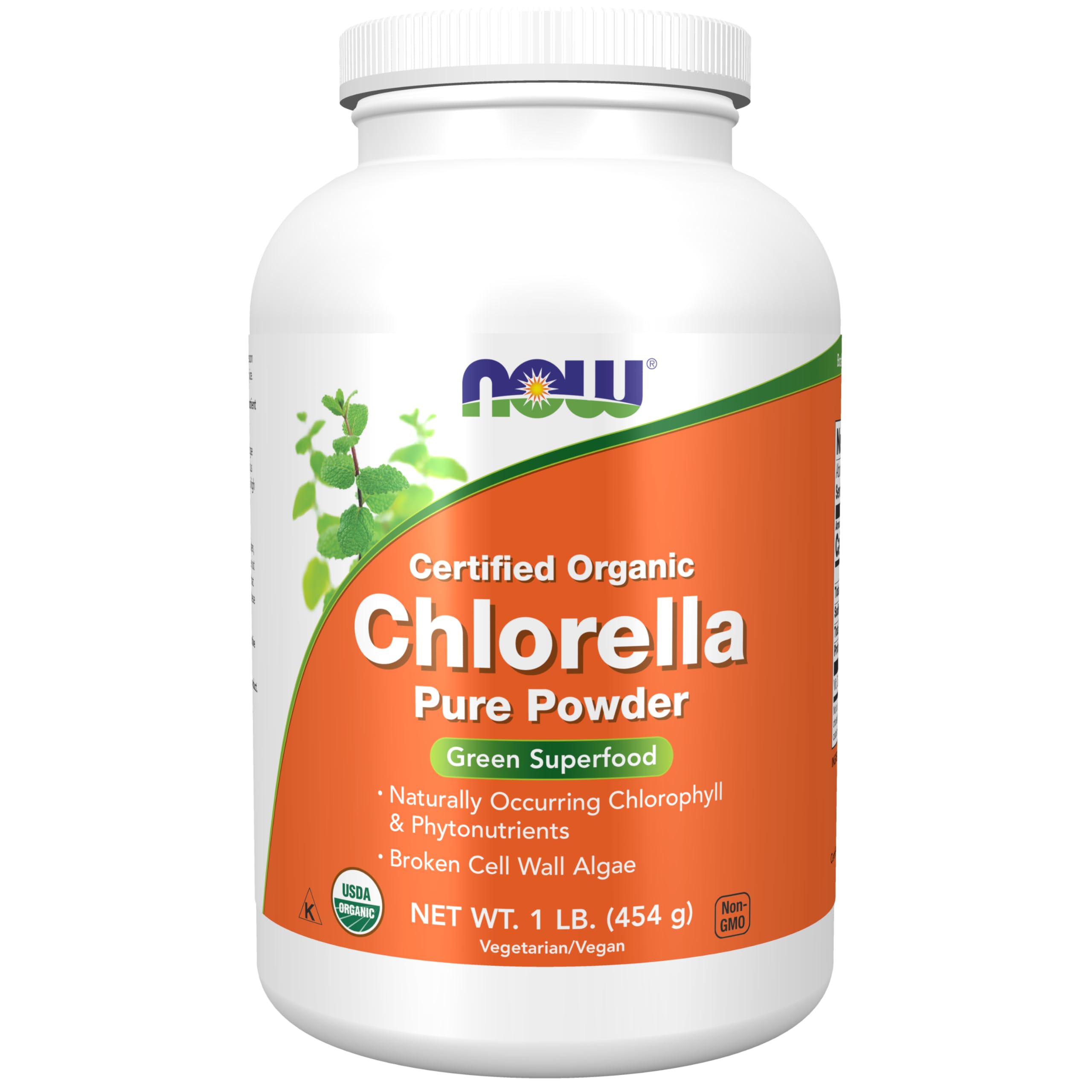 NOW Foods chlorella powder bottle showcases natural chlorophyll and nutrients for daily use.