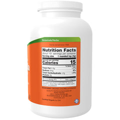 NOW Foods chlorella powder jar highlights broken-cell-wall digestibility for easy mixing.