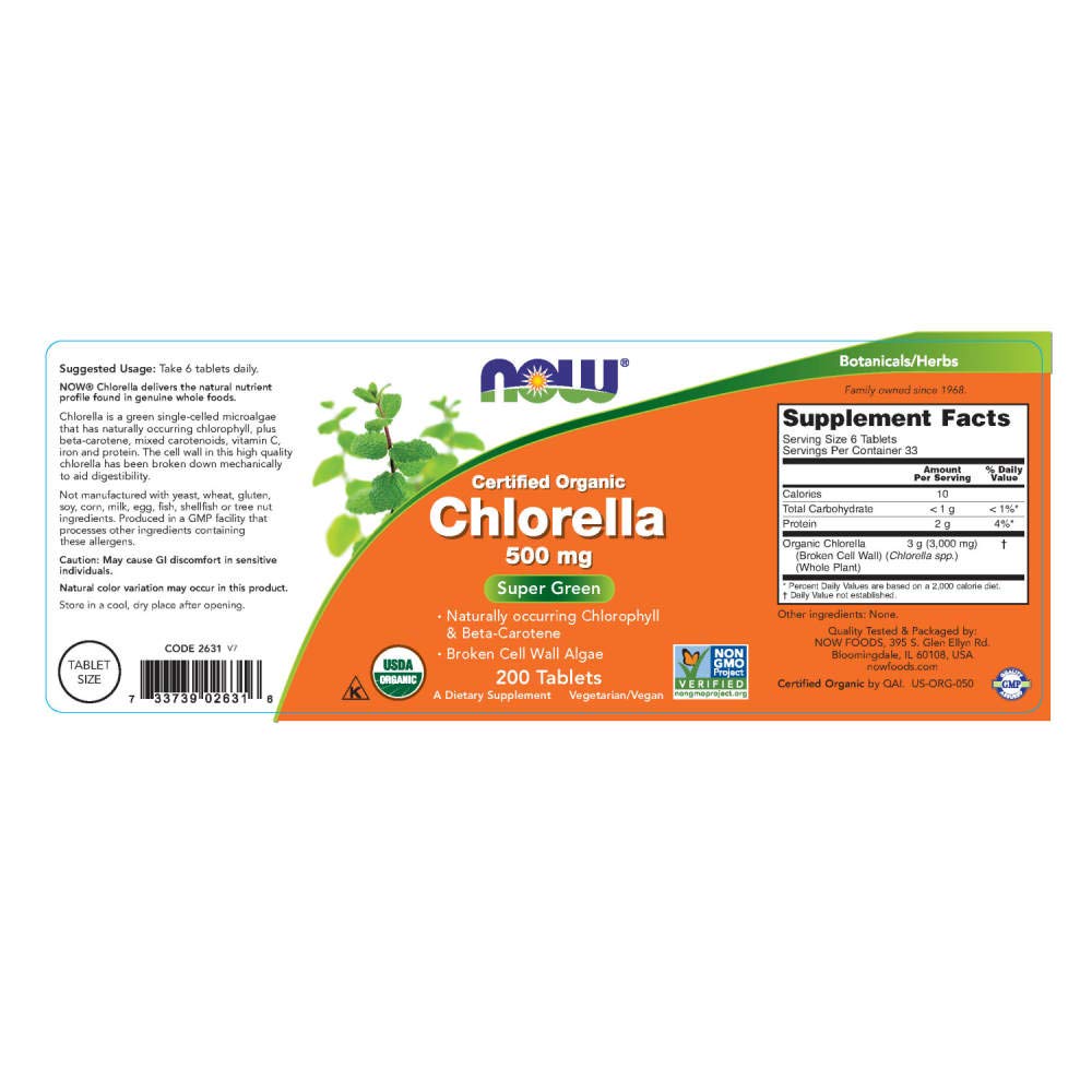 NOW Foods Chlorella tablets close-up, vibrant green color signaling natural chlorophyll