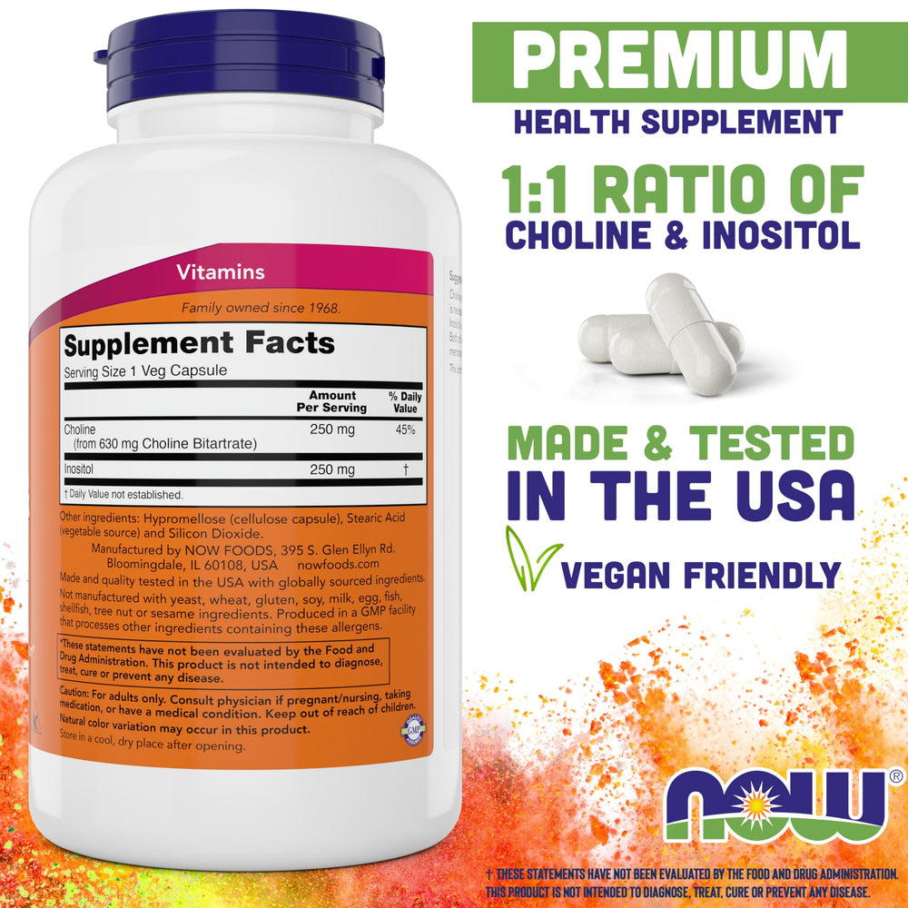 NOW Foods Choline & Inositol capsules close-up showing texture and size.