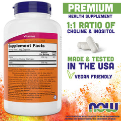NOW Foods Choline & Inositol capsules close-up showing texture and size.