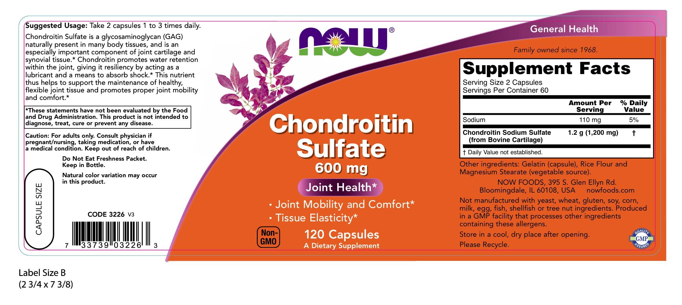 NOW Foods Chondroitin sulfate capsules close-up highlighting high potency formula for joints.