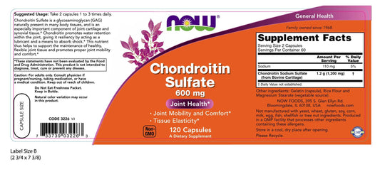NOW Foods Chondroitin sulfate capsules close-up highlighting high potency formula for joints.