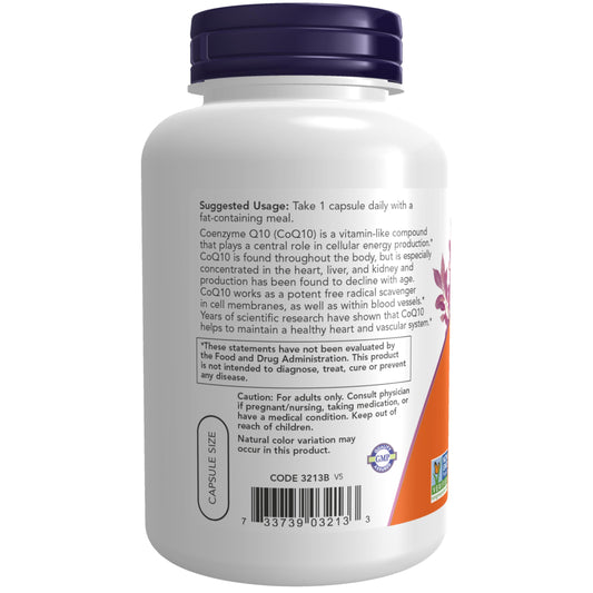 NOW Foods CoQ10 180 capsules pack—convenient daily supplement.