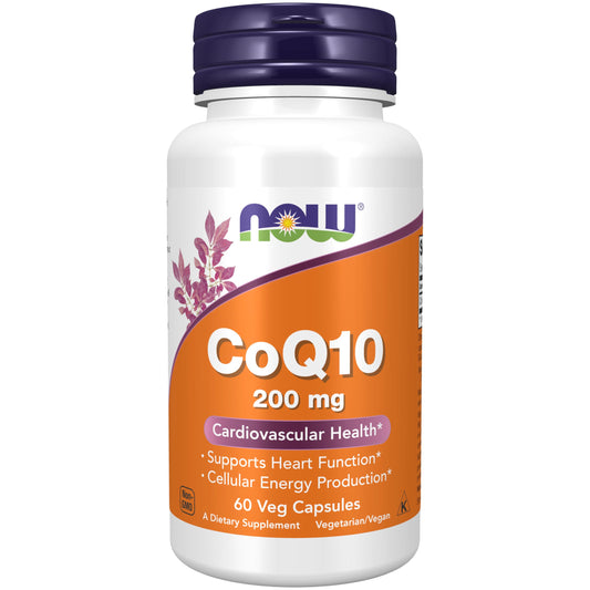 NOW Foods CoQ10 200mg bottle front, showcasing energy support in a vegetarian formula