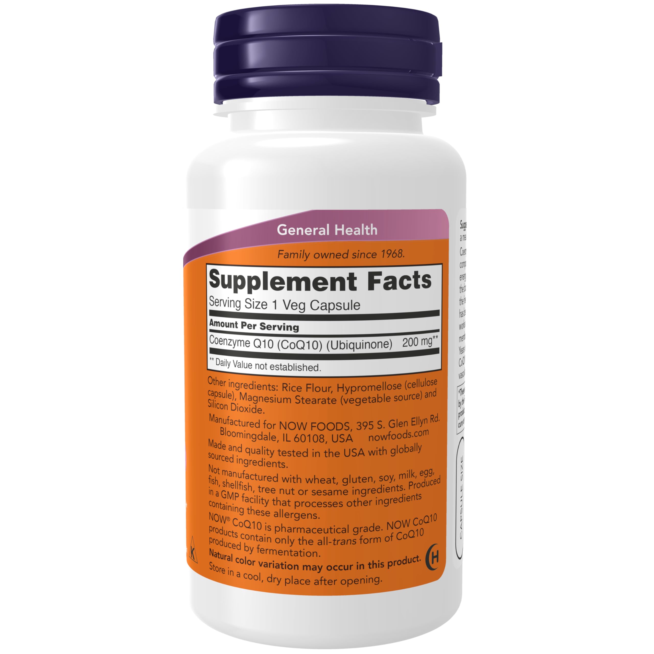 NOW Foods CoQ10 200mg label details, highlighting servings and vegetarian formula