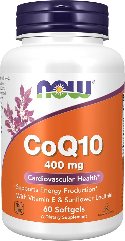 NOW Foods CoQ10 400 mg bottle with label, energy support and heart health synergy