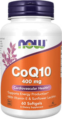 NOW Foods CoQ10 400 mg bottle with label, energy support and heart health synergy