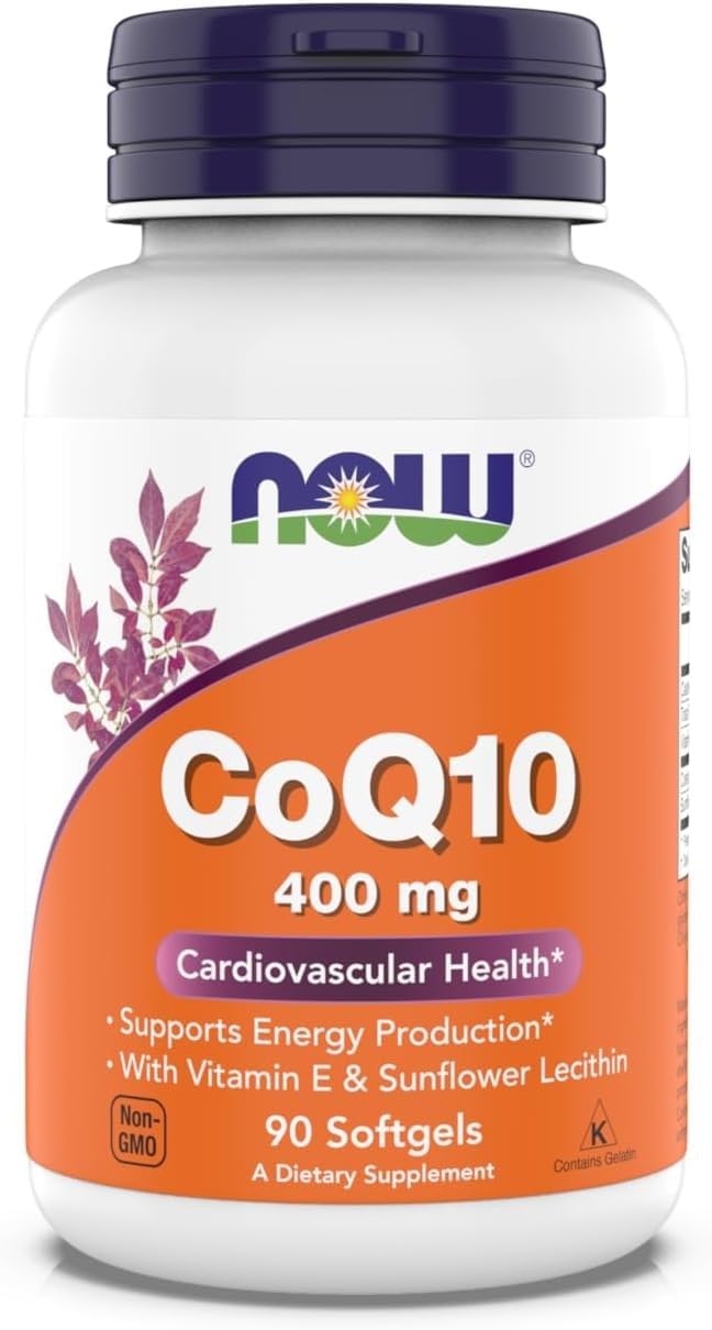 NOW Foods CoQ10 400 mg bottle highlighting energy production support