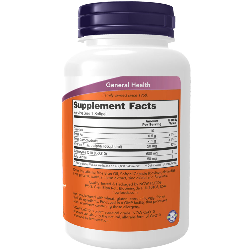 NOW Foods CoQ10 600 mg softgels close-up showing capsule texture for potency
