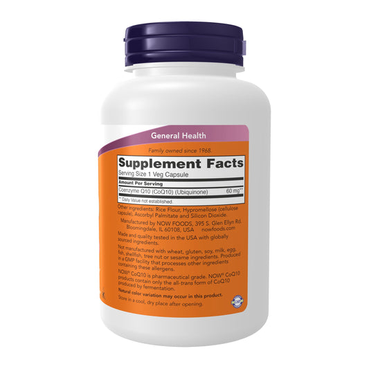 NOW Foods CoQ10 60 mg capsules closeup; potent free radical scavenger.