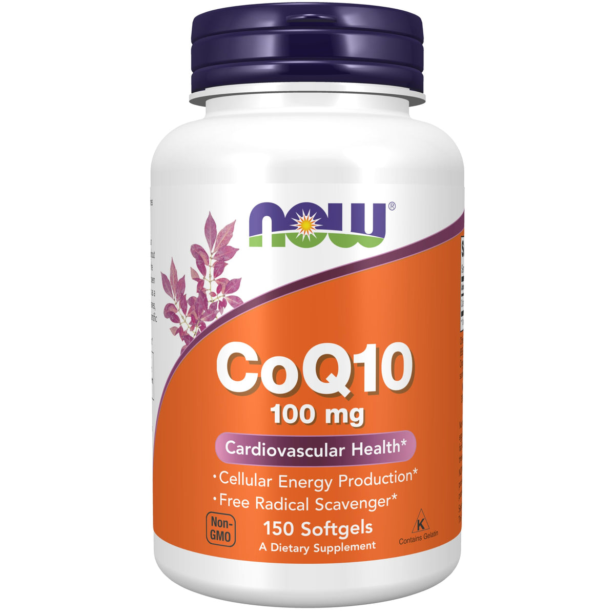NOW Foods CoQ10 bottle with softgels on shelf highlighting daily energy support