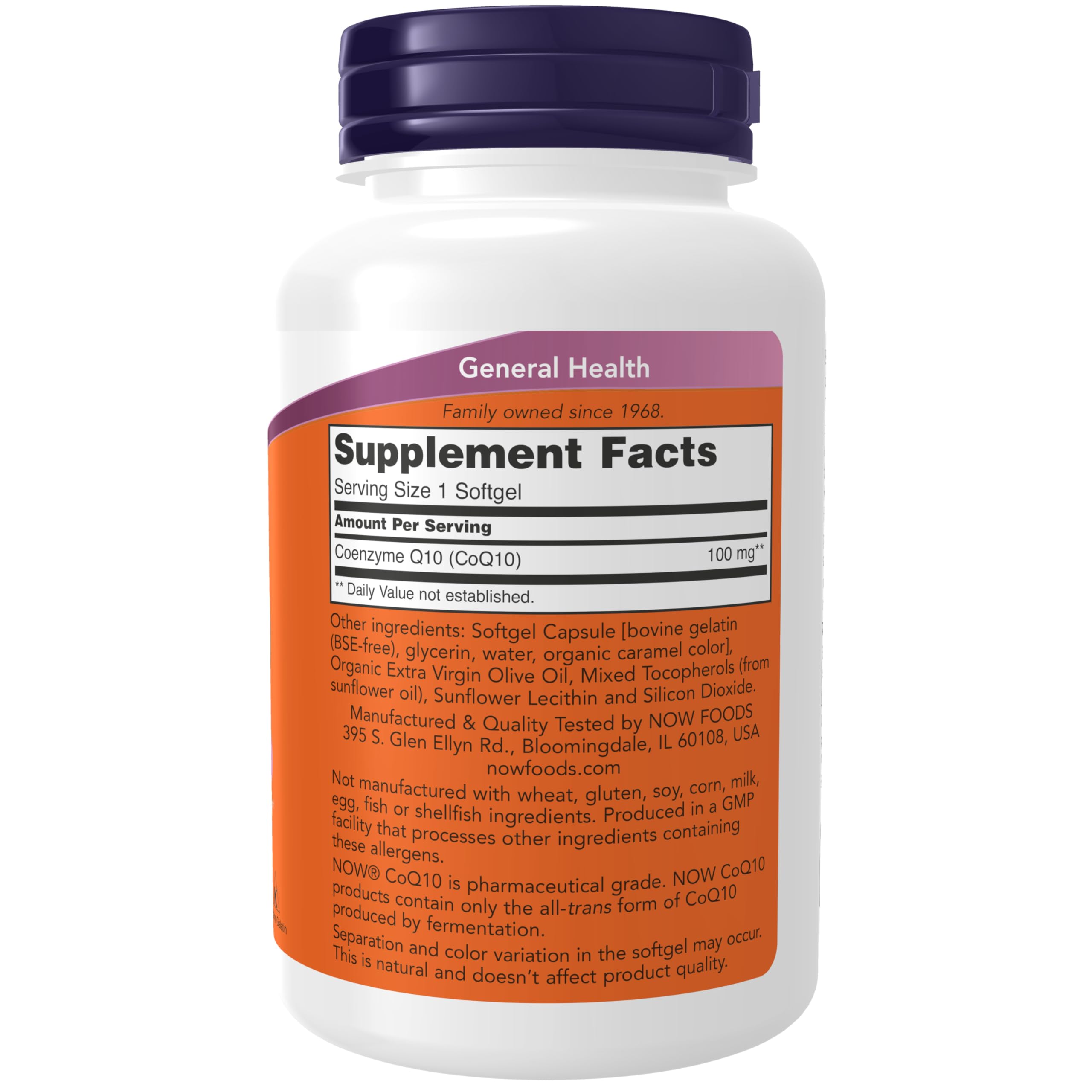 NOW Foods CoQ10 softgels close‑up showing the capsules and texture