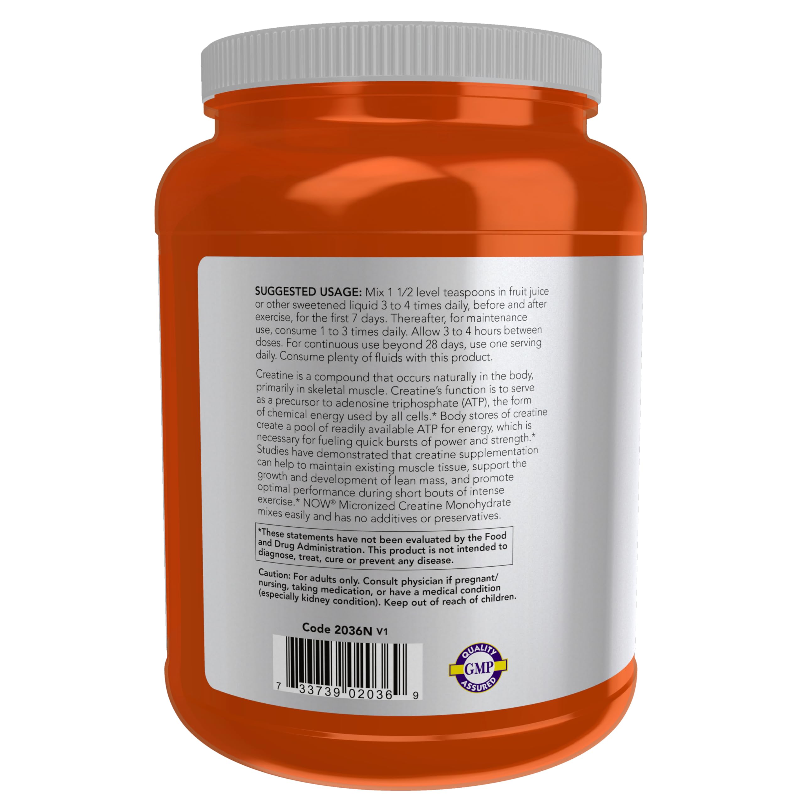 NOW Foods creatine monohydrate label close-up highlighting GMP quality.