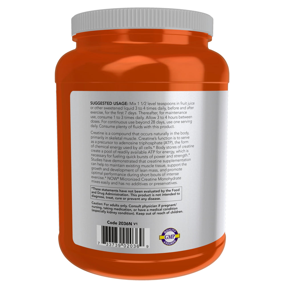 NOW Foods creatine monohydrate label close-up highlighting GMP quality.
