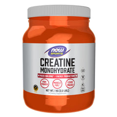 NOW Foods Creatine Monohydrate powder bottle with scoop for energy production.