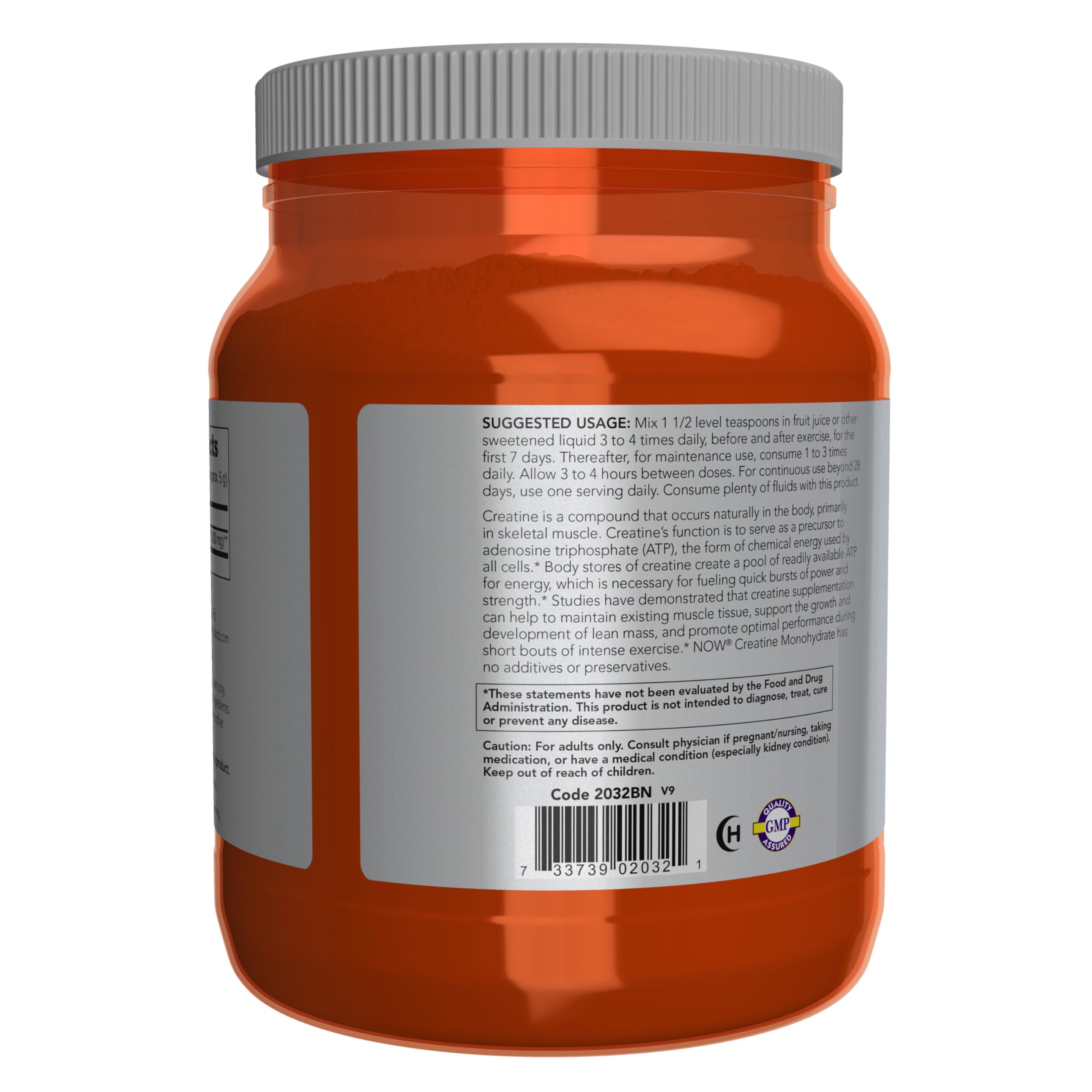 NOW Foods Creatine Monohydrate label highlighting GMP quality assurance.