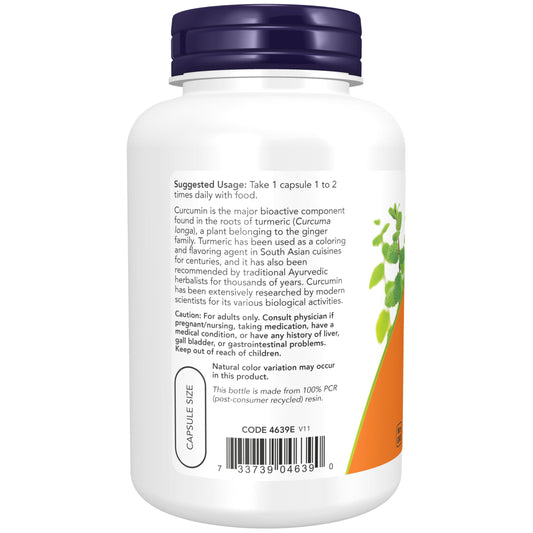 NOW Foods Curcumin capsules close-up showcasing 95% curcuminoids