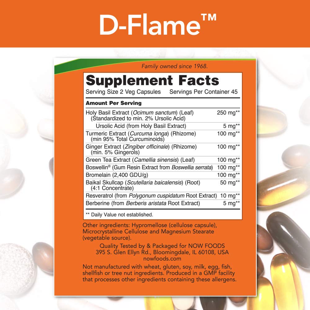 NOW Foods D-Flame bottle back label detailing ingredients for stress response support.