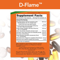 NOW Foods D-Flame bottle back label detailing ingredients for stress response support.
