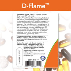 NOW Foods D-Flame capsules closeup of vegan capsules for joint comfort potential.