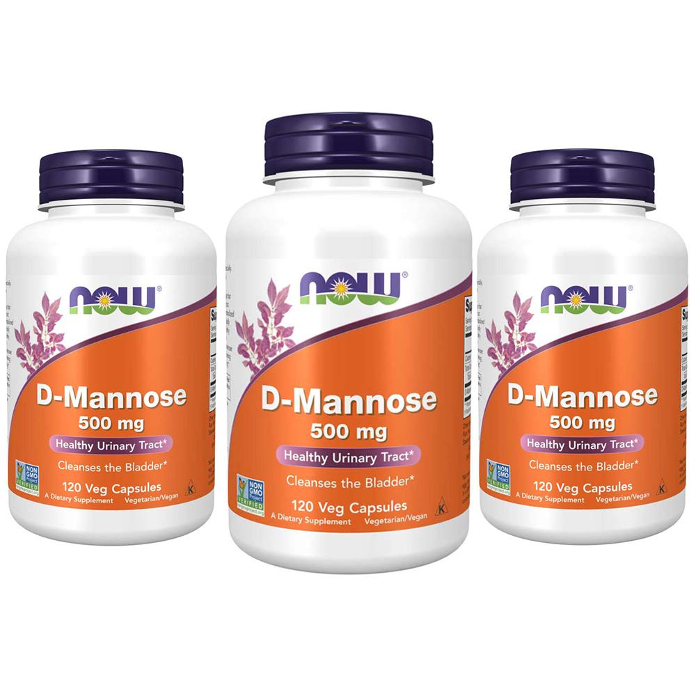 NOW Foods D-Mannose 500 mg bottle front view, supports urinary tract support.