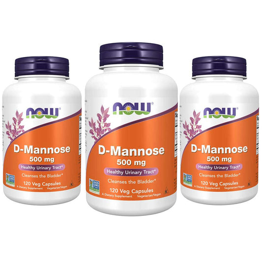 NOW Foods D-Mannose 500 mg bottle front view, supports urinary tract support.