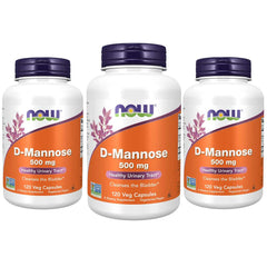 NOW Foods D-Mannose 500 mg bottle front view, supports urinary tract support.
