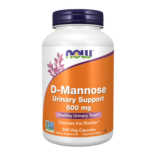 NOW Foods D-Mannose 500 mg bottle with capsules for urinary tract support.