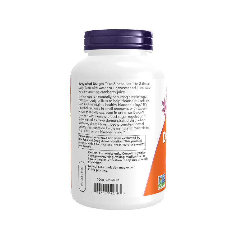 Now Foods D-mannose 500 mg bottle pour illustrating convenient daily use