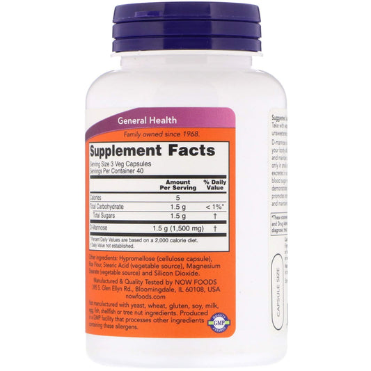 NOW Foods D-Mannose 500mg capsules close-up highlighting daily supplement use for urinary care.