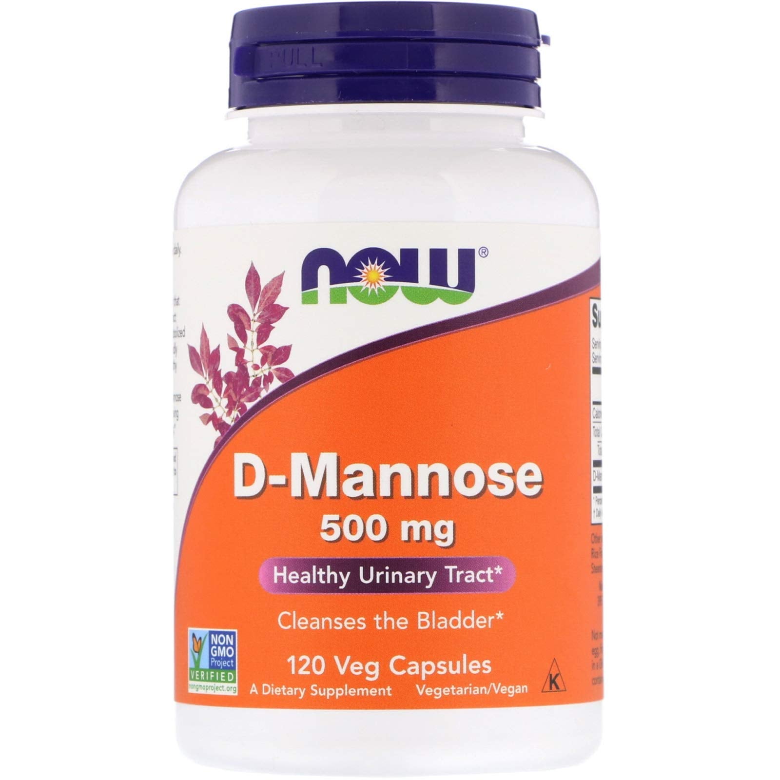 NOW Foods D-Mannose 500mg capsules bottle on countertop for urinary health support.