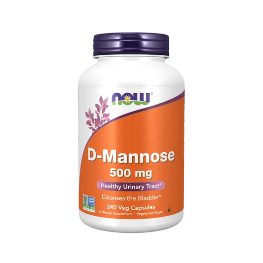 Now Foods D-mannose 500 mg capsules bottle showing urinary tract support label
