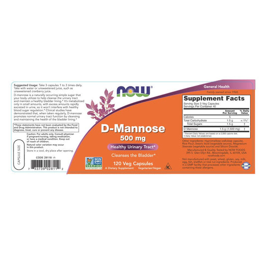 NOW Foods D-Mannose 500 mg capsules close-up, vegan and allergen-free urinary support.