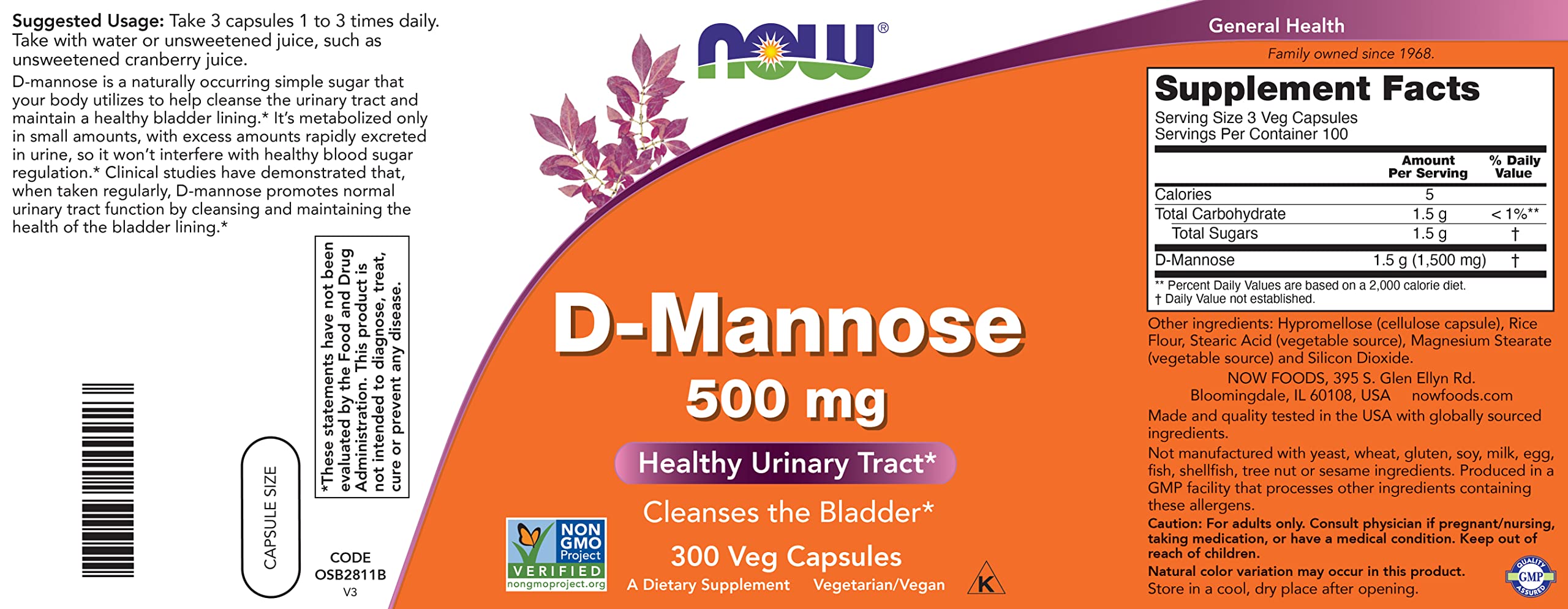 NOW Foods D-Mannose bottle label showing vegan, non-GMO formula.