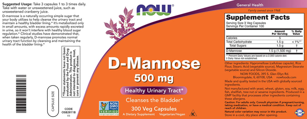 NOW Foods D-Mannose bottle label showing vegan, non-GMO formula.