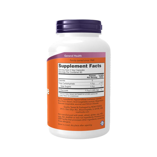 Now Foods D-mannose capsules close-up on vegan and non-GMO status