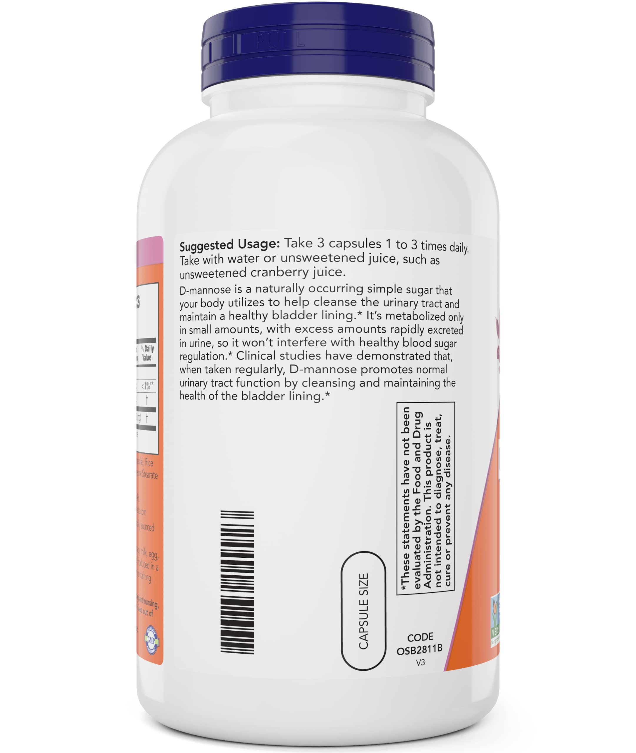 NOW Foods D-Mannose packaging close-up illustrating quality production.