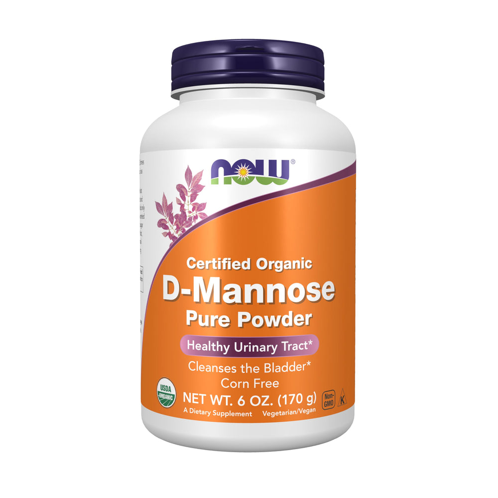 NOW Foods D-Mannose Powder bottle closeup for vegan urinary tract support.