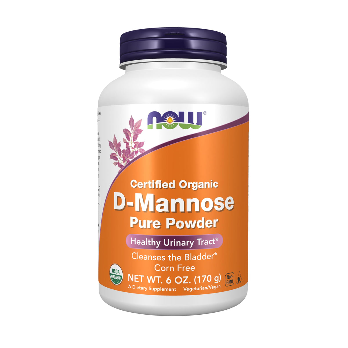 NOW Foods D-Mannose Powder bottle closeup for vegan urinary tract support.